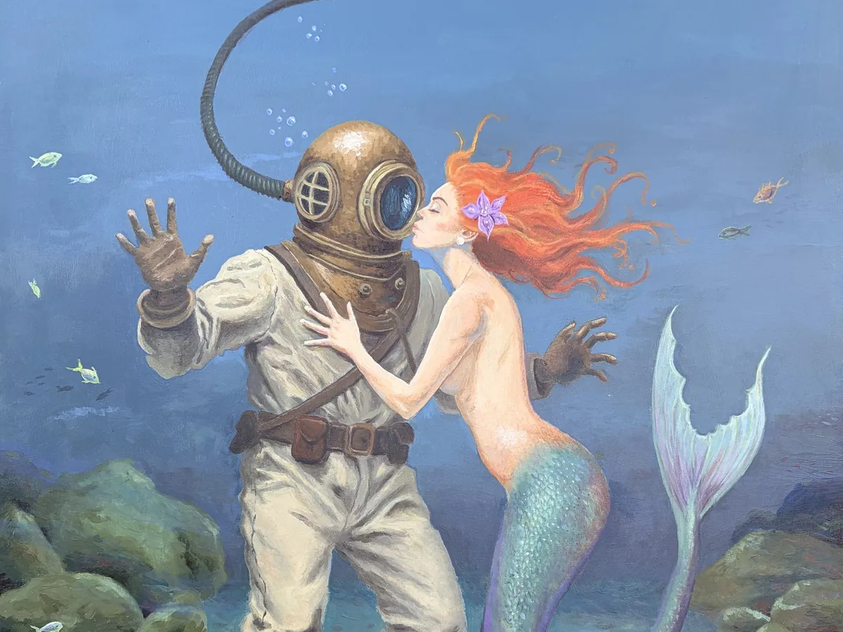 A painting of a red-haired mermaid kissing a brass-helmeted deep-sea diver.