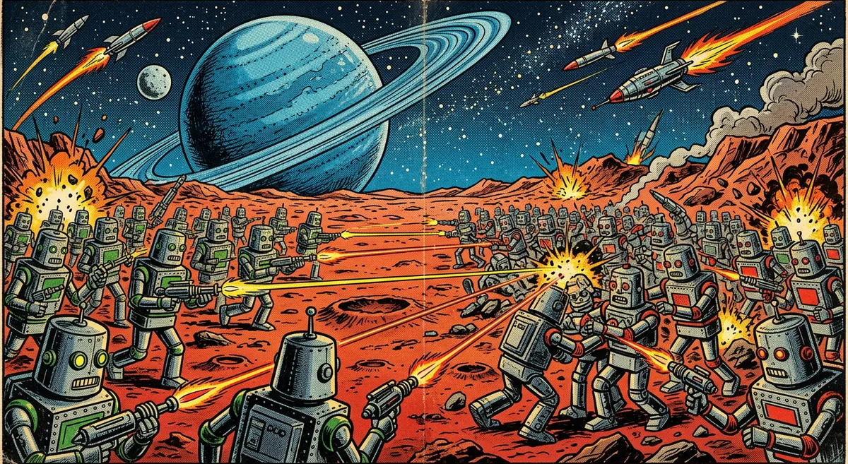 Ranks of tin robots trading ray-gun fire on a red planet under a ringed moon.